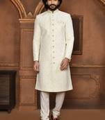 Wedding wear off white color art silk sherwani