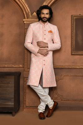 Wedding wear peach color art silk sherwani 2