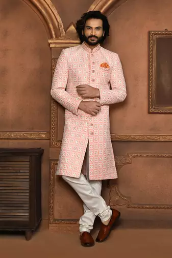 Wedding wear peach color art silk sherwani