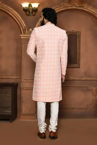 Wedding wear peach color art silk sherwani