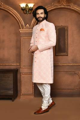 Wedding wear peach color art silk sherwani 4