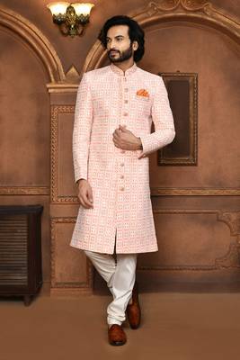 Wedding wear peach color art silk sherwani 1