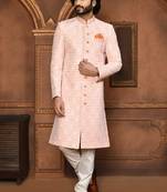 Wedding wear peach color art silk sherwani