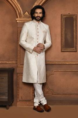 Wedding wear off white color art silk sherwani 3