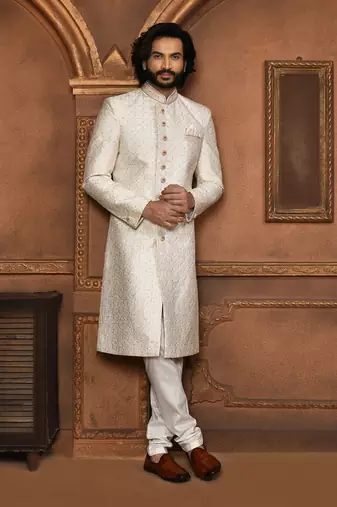 Wedding wear off white color art silk sherwani