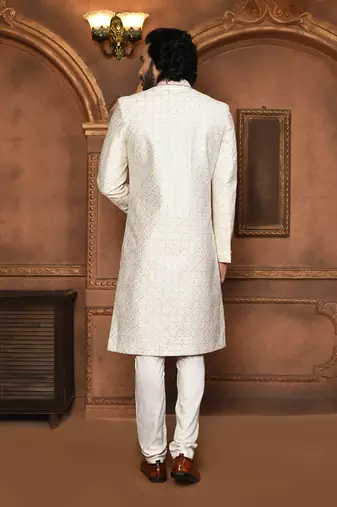 Wedding wear off white color art silk sherwani