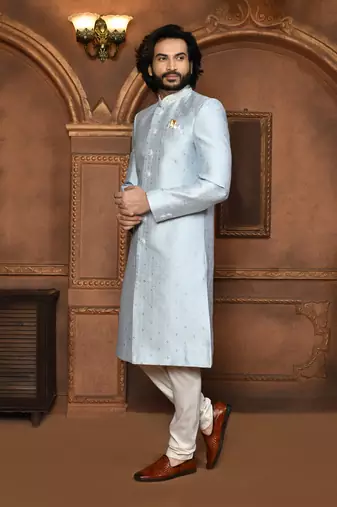 Wedding wear silver color art silk sherwani