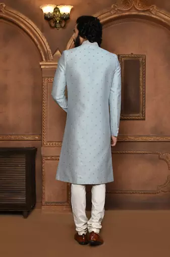 Wedding wear silver color art silk sherwani