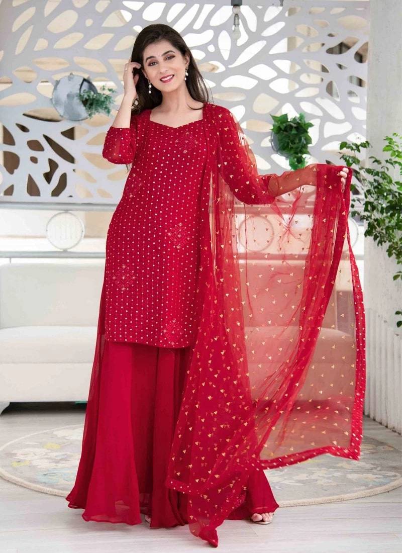 Maroon Georgette Sequins Palazzo Suit