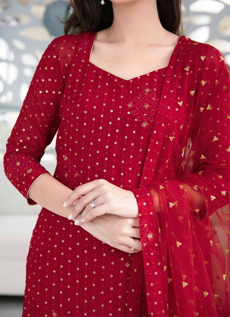 Maroon Georgette Sequins Palazzo Suit