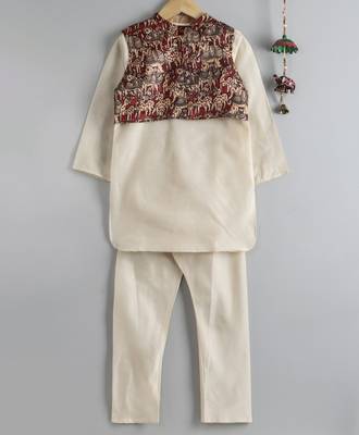 Twisha boys kurta & pyjama with printed jacket set - offwhite 1