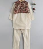 Twisha boys kurta & pyjama with printed jacket set - offwhite