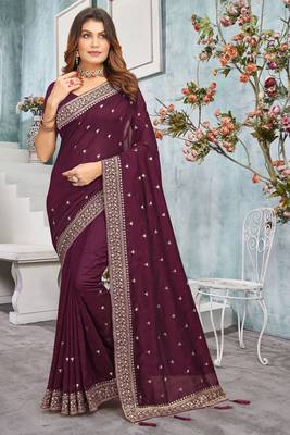 Wine Zari Resham Tassel Pallu Border Vichitra Silk Saree Sari With Bloue Piece 1
