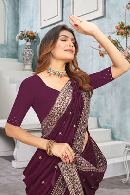 Wine Zari Resham Tassel Pallu Border Vichitra Silk Saree Sari With Bloue Piece 2