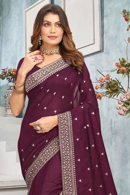Wine Zari Resham Tassel Pallu Border Vichitra Silk Saree Sari With Bloue Piece 3