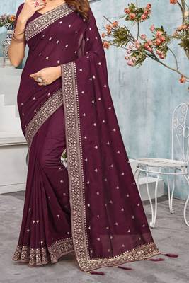 Wine Zari Resham Tassel Pallu Border Vichitra Silk Saree Sari With Bloue Piece 4