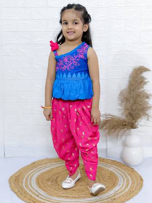 Twisha girls asymmetric neck embroidered top & printed dhoti pants - blue & pink 1