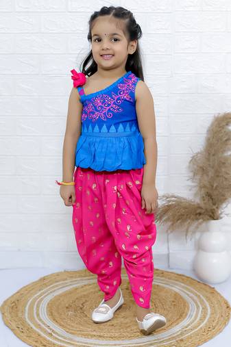 Twisha girls asymmetric neck embroidered top & printed dhoti pants - blue & pink