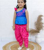 Twisha girls asymmetric neck embroidered top & printed dhoti pants - blue & pink