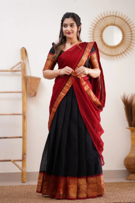 Two Tone Black and Red Cotton Kanjiveram Halfsaree 1