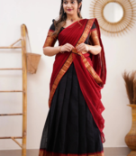 Two Tone Black and Red Cotton Kanjiveram Halfsaree