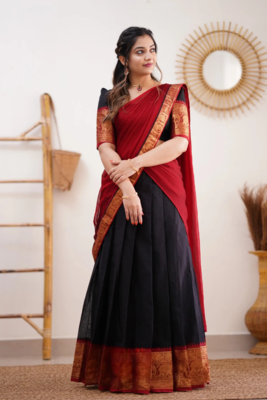 Two Tone Black and Red Cotton Kanjiveram Halfsaree 2