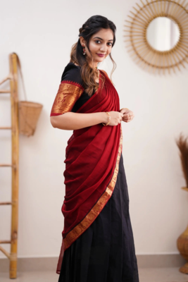 Two Tone Black and Red Cotton Kanjiveram Halfsaree 3