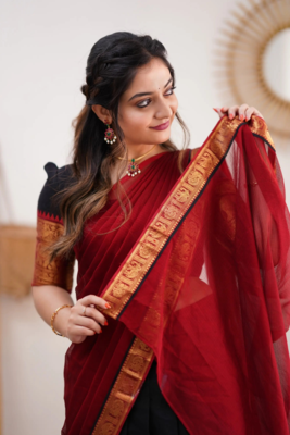 Two Tone Black and Red Cotton Kanjiveram Halfsaree 4