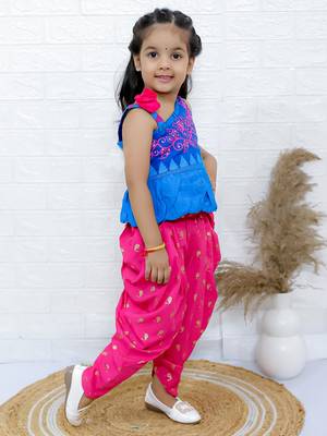 Twisha girls asymmetric neck embroidered top & printed dhoti pants - blue & pink 2