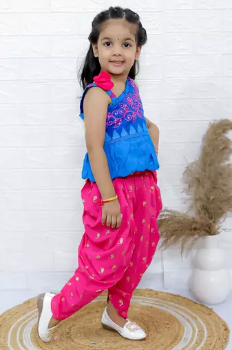 Twisha girls asymmetric neck embroidered top & printed dhoti pants - blue & pink