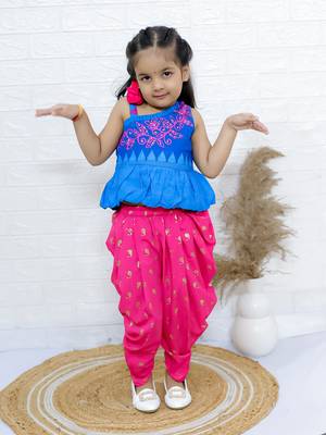 Twisha girls asymmetric neck embroidered top & printed dhoti pants - blue & pink 3