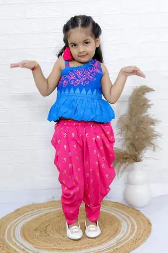 Twisha girls asymmetric neck embroidered top & printed dhoti pants - blue & pink