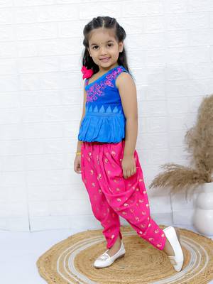 Twisha girls asymmetric neck embroidered top & printed dhoti pants - blue & pink 4