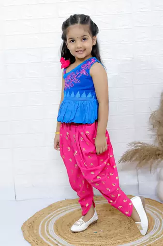 Twisha girls asymmetric neck embroidered top & printed dhoti pants - blue & pink