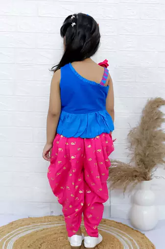 Twisha girls asymmetric neck embroidered top & printed dhoti pants - blue & pink