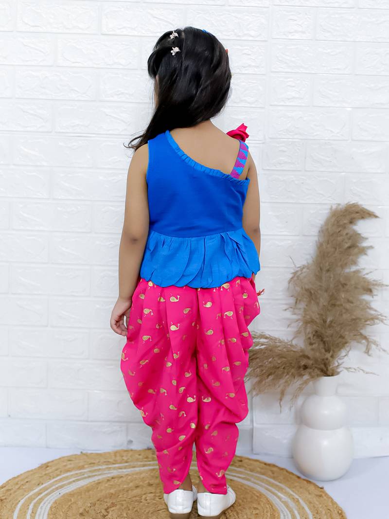 Twisha girls asymmetric neck embroidered top & printed dhoti pants - blue & pink