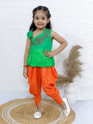 Twisha girls asymmetric neck embroidered top & printed dhoti pants - green & orange 1