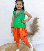 Twisha girls asymmetric neck embroidered top & printed dhoti pants - green & orange