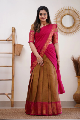 Two Tone Mustard and Pink Cotton Kanjiveram  Halfsaree 1
