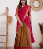 Two Tone Mustard and Pink Cotton Kanjiveram  Halfsaree