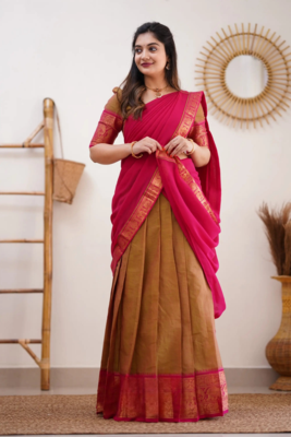 Two Tone Mustard and Pink Cotton Kanjiveram  Halfsaree 2
