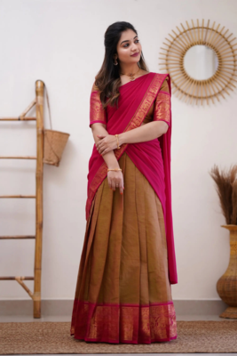 Two Tone Mustard and Pink Cotton Kanjiveram  Halfsaree 3