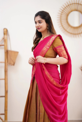 Two Tone Mustard and Pink Cotton Kanjiveram  Halfsaree 4