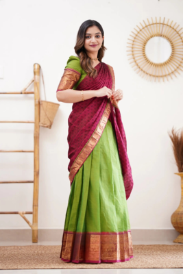 Two Tone Parrot and Pink Cotton Lehenga-Saree with blouse and Dupatta 1