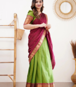 Two Tone Parrot and Pink Cotton Lehenga-Saree with blouse and Dupatta