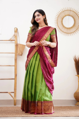 Two Tone Parrot and Pink Cotton Lehenga-Saree with blouse and Dupatta 2