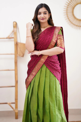 Two Tone Parrot and Pink Cotton Lehenga-Saree with blouse and Dupatta 3