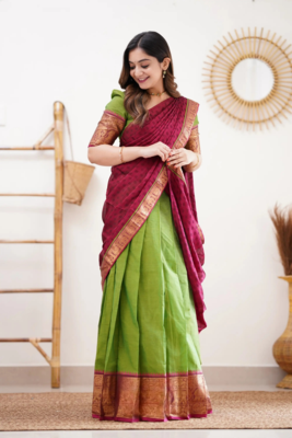 Two Tone Parrot and Pink Cotton Lehenga-Saree with blouse and Dupatta 4