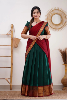 Two Tone Morepeach and Red Cotton Kanjiveram Halfsaree 1
