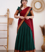 Two Tone Morepeach and Red Cotton Kanjiveram Halfsaree